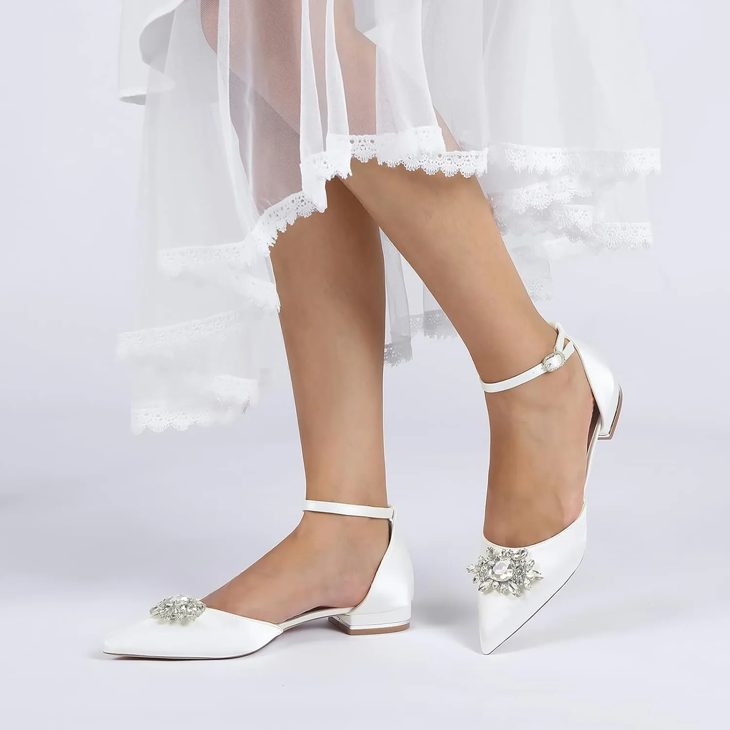 Women's Low Heel Pumps Pointed Toe Bridal Wedding Flats with Rhinestones Ankle Strap Flat Heel Court Shoes for Parties and Banquets