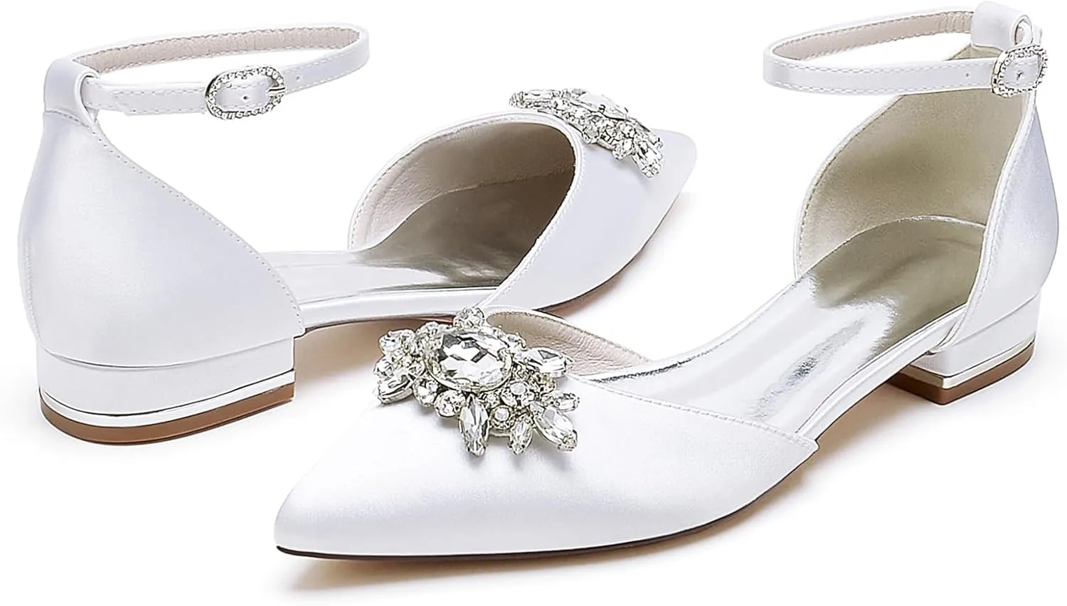 Women's Low Heel Pumps Pointed Toe Bridal Wedding Flats with Rhinestones Ankle Strap Flat Heel Court Shoes for Parties and Banquets