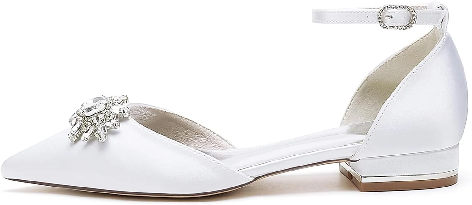 Women's Low Heel Pumps Pointed Toe Bridal Wedding Flats with Rhinestones Ankle Strap Flat Heel Court Shoes for Parties and Banquets
