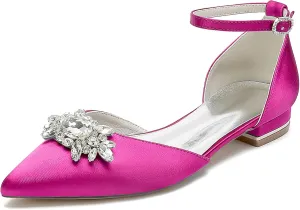 Women's Low Heel Pumps Pointed Toe Bridal Wedding Flats with Rhinestones Ankle Strap Flat Heel Court Shoes for Parties and Banquets