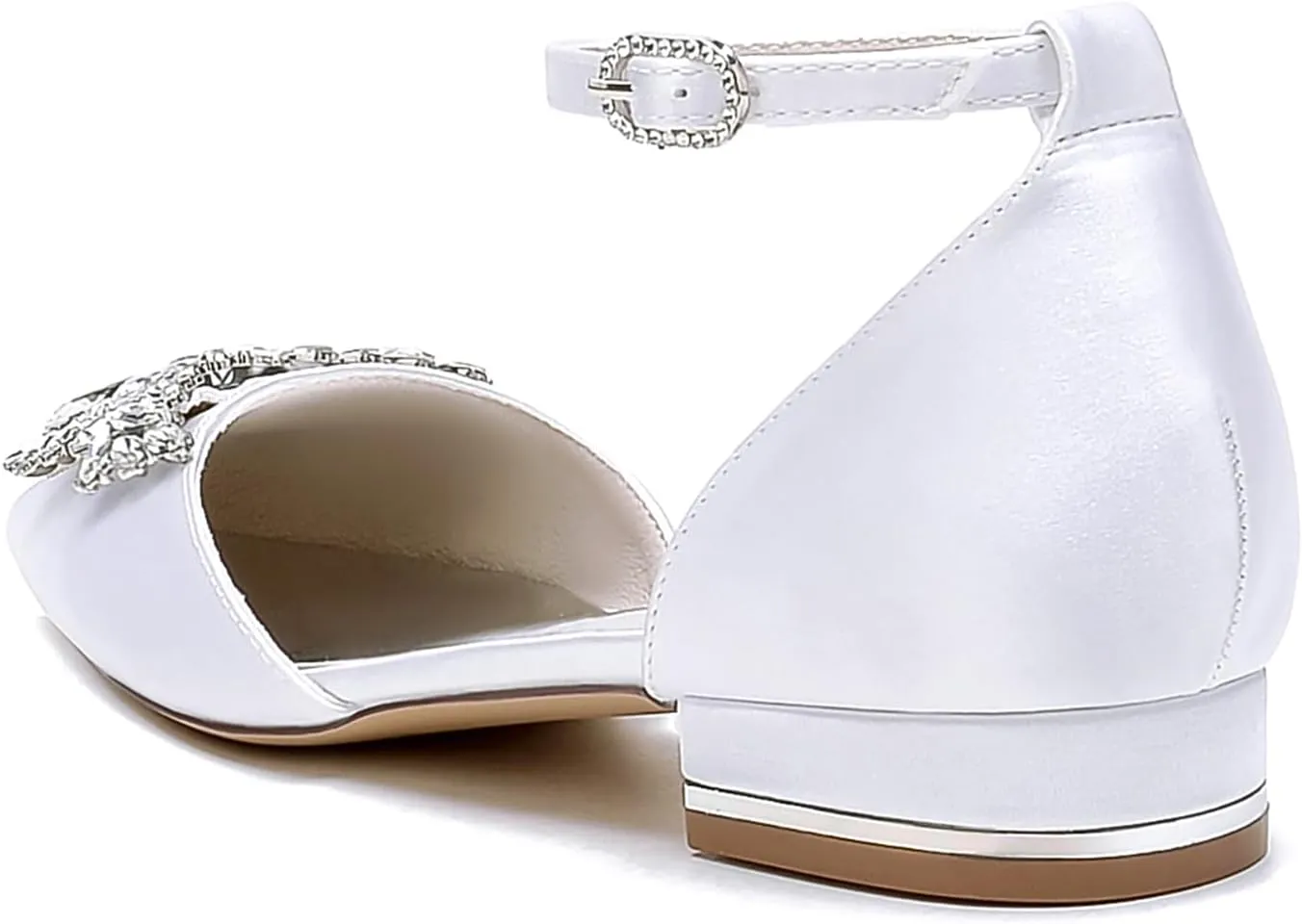 Women's Low Heel Pumps Pointed Toe Bridal Wedding Flats with Rhinestones Ankle Strap Flat Heel Court Shoes for Parties and Banquets