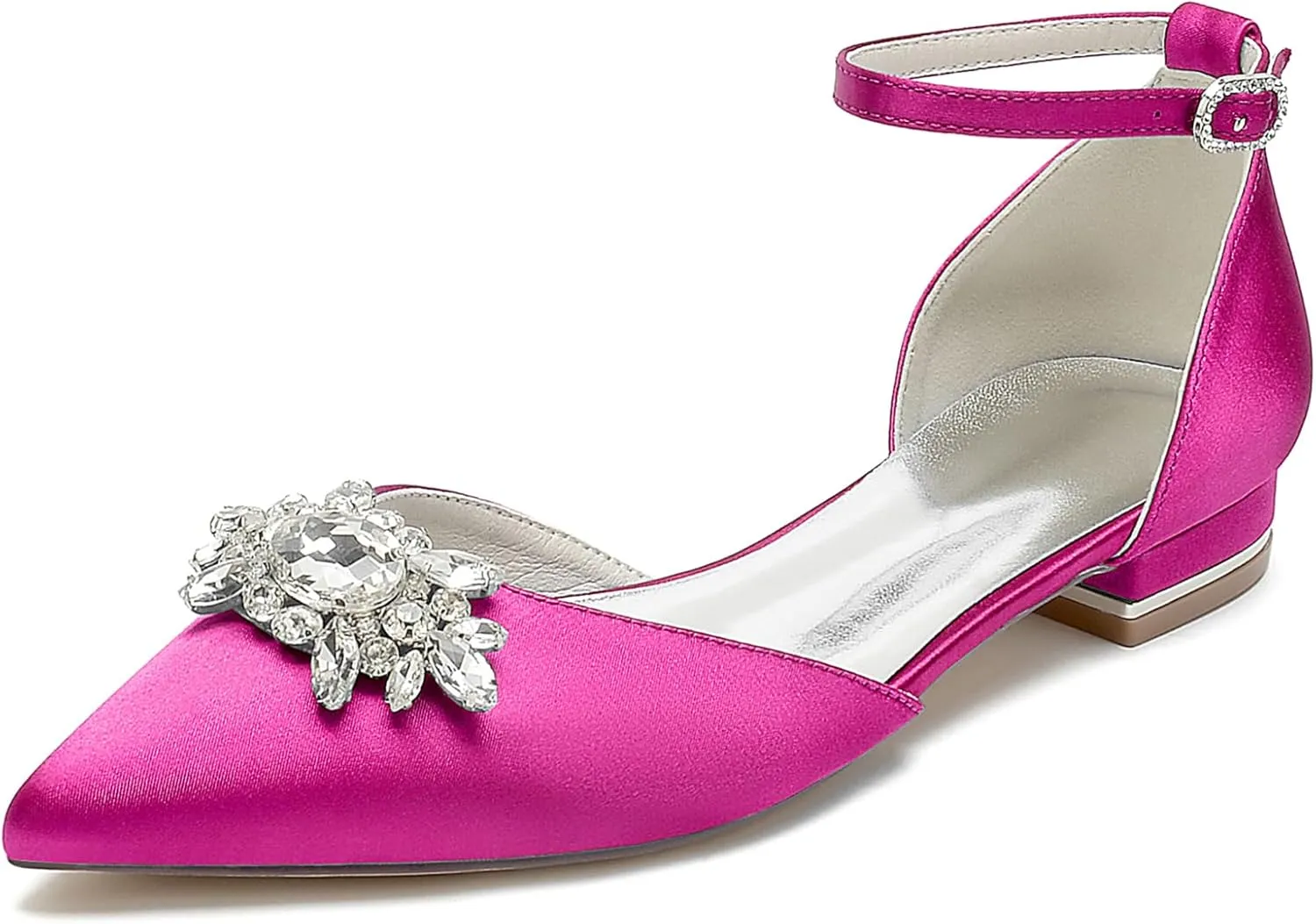 Women's Low Heel Pumps Pointed Toe Bridal Wedding Flats with Rhinestones Ankle Strap Flat Heel Court Shoes for Parties and Banquets