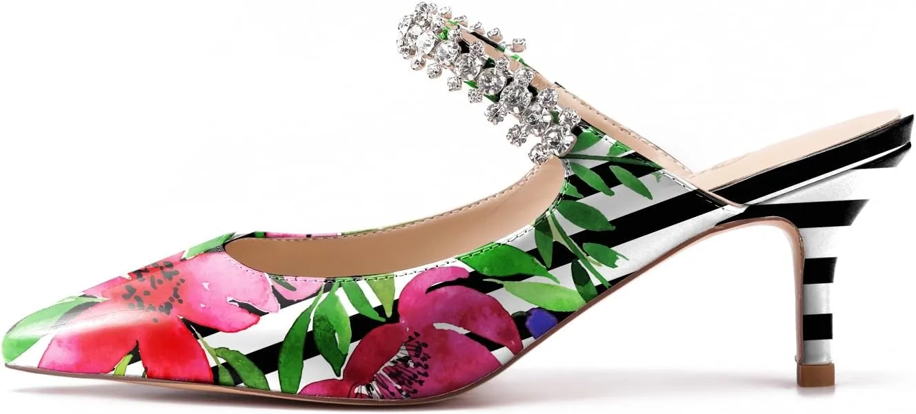 Womens Low Kitten Comfortable Heels Floral Printed Closed Toe Sexy Mules