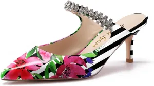 Womens Low Kitten Comfortable Heels Floral Printed Closed Toe Sexy Mules