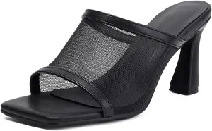 Womens Mesh Mules Chunky Heel Sandals Square Open Toe US3-US12.5
