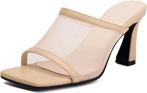 Womens Mesh Mules Chunky Heel Sandals Square Open Toe US3-US12.5