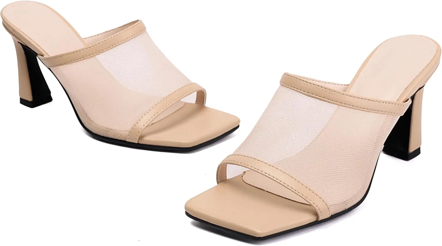 Womens Mesh Mules Chunky Heel Sandals Square Open Toe US3-US12.5