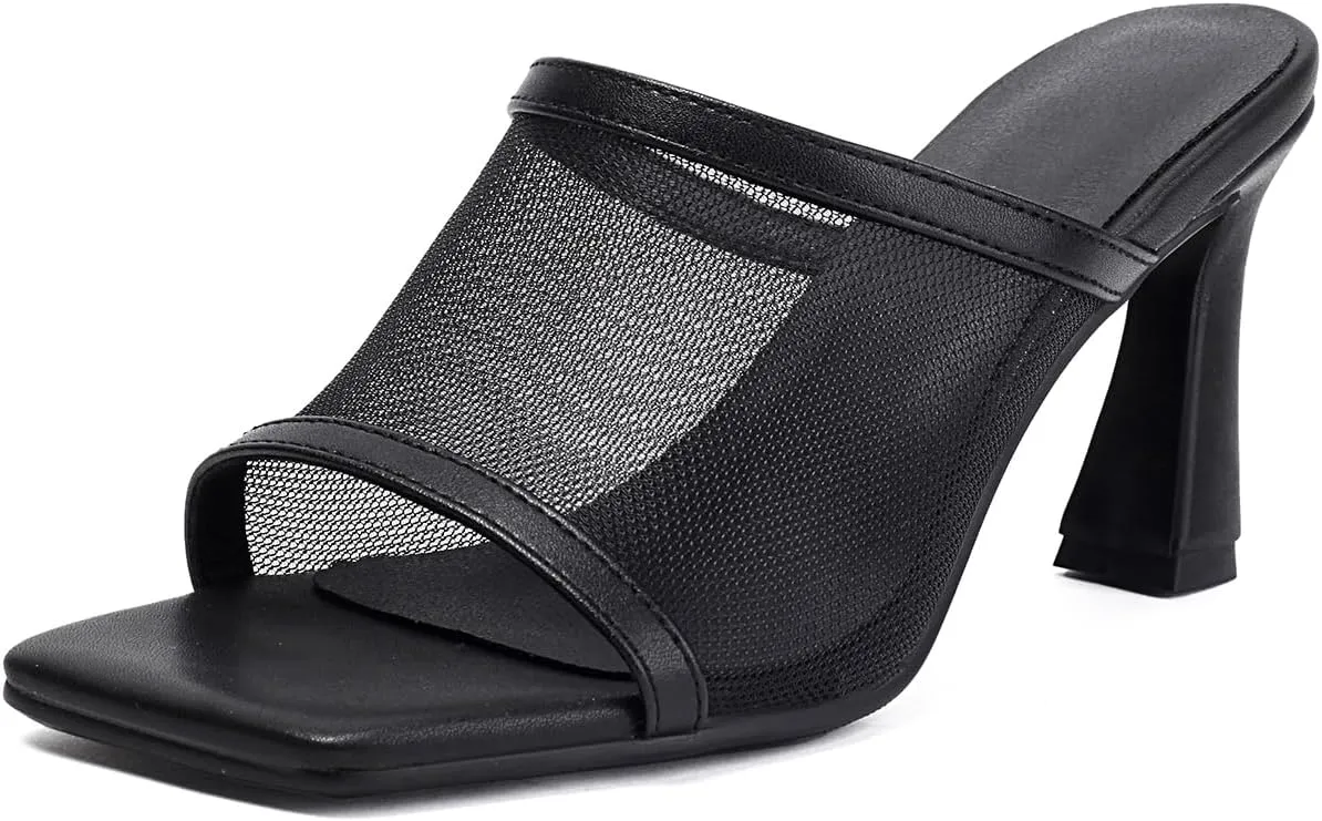 Womens Mesh Mules Chunky Heel Sandals Square Open Toe US3-US12.5