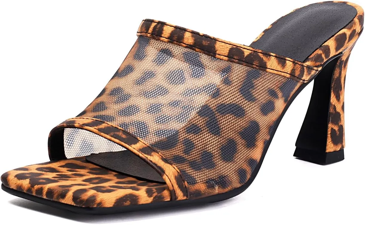 Womens Mesh Mules Chunky Heel Sandals Square Open Toe US3-US12.5