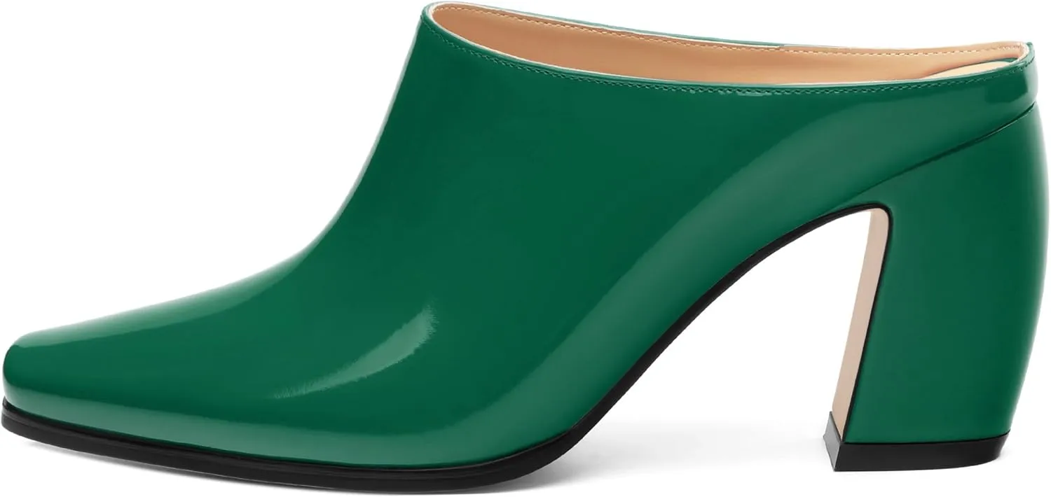 Womens Mules, Patent Square Toe Chunky Heel Mules, Block High Heel High Heeled Mules Shoes, Slip On Mules for Women Dress Party Shoes 3.35 Inch