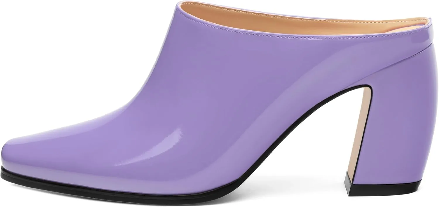 Womens Mules, Patent Square Toe Chunky Heel Mules, Block High Heel High Heeled Mules Shoes, Slip On Mules for Women Dress Party Shoes 3.35 Inch