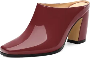 Womens Mules, Patent Square Toe Chunky Heel Mules, Block High Heel High Heeled Mules Shoes, Slip On Mules for Women Dress Party Shoes 3.35 Inch