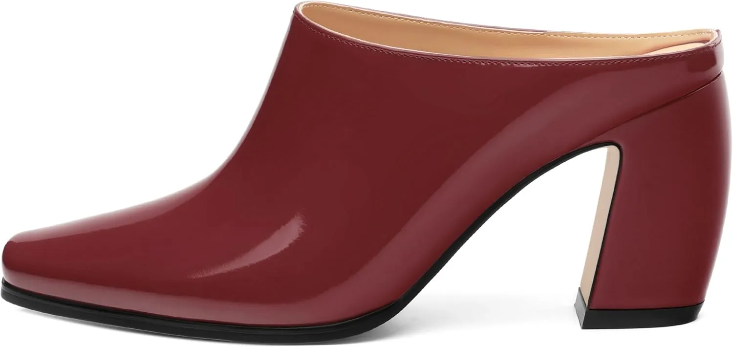 Womens Mules, Patent Square Toe Chunky Heel Mules, Block High Heel High Heeled Mules Shoes, Slip On Mules for Women Dress Party Shoes 3.35 Inch
