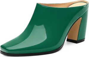 Womens Mules, Patent Square Toe Chunky Heel Mules, Block High Heel High Heeled Mules Shoes, Slip On Mules for Women Dress Party Shoes 3.35 Inch