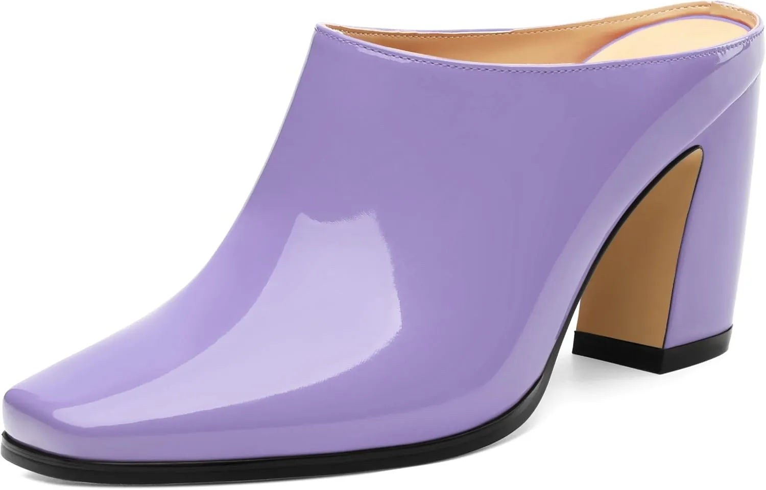 Womens Mules, Patent Square Toe Chunky Heel Mules, Block High Heel High Heeled Mules Shoes, Slip On Mules for Women Dress Party Shoes 3.35 Inch