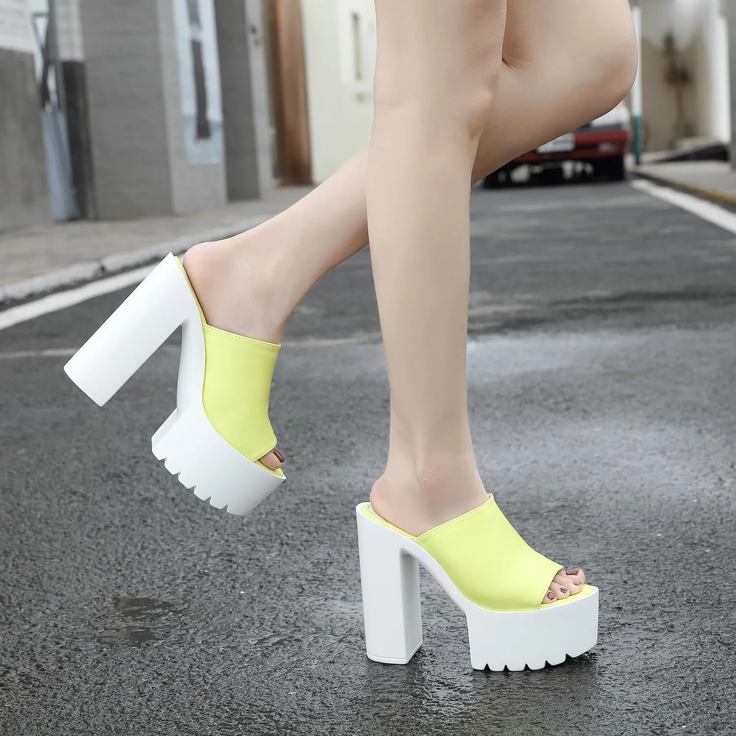 Women's Open Toe High Heel Platform Mules, Block Chunky Heel Slide, Slip on Summer Sandal Slipper