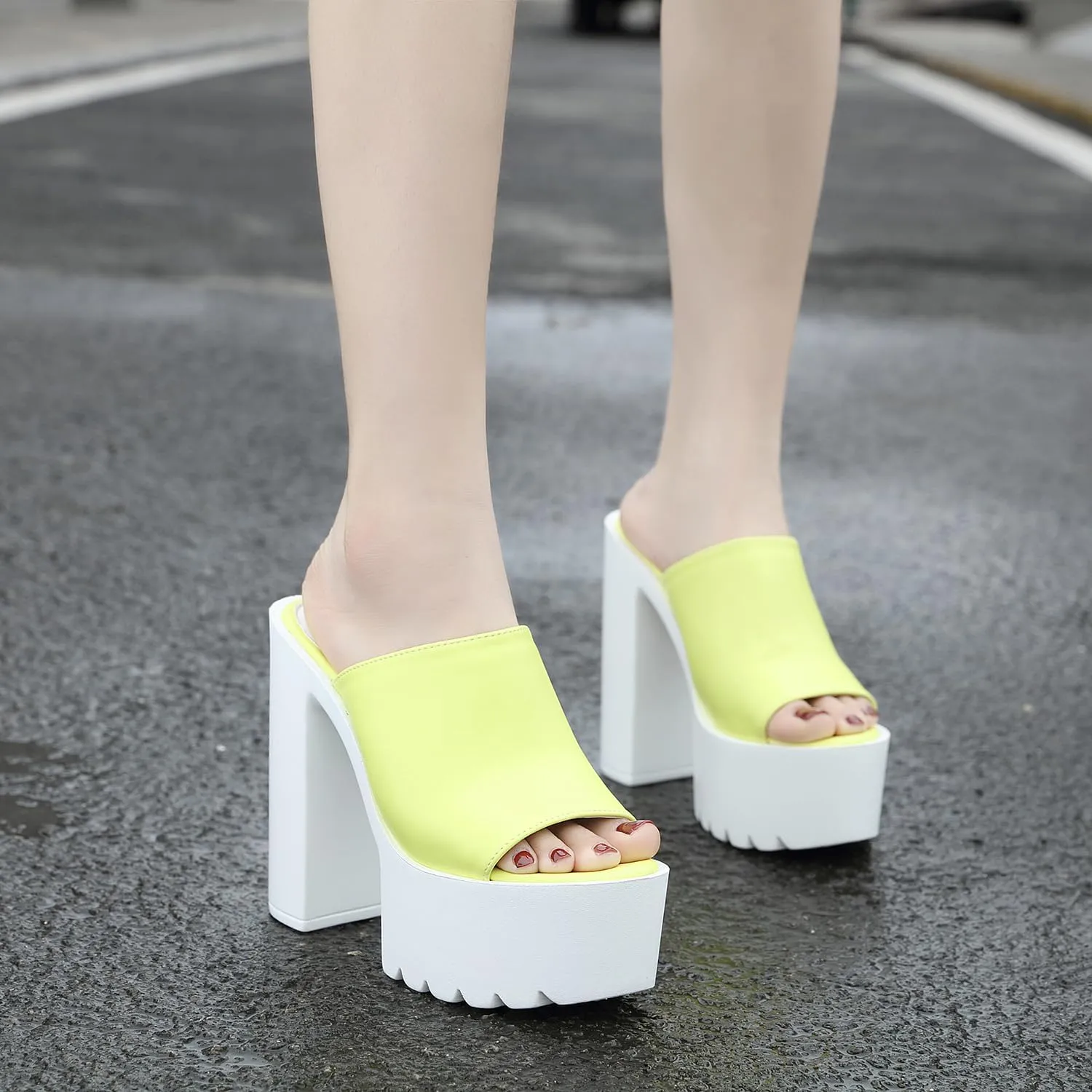 Women's Open Toe High Heel Platform Mules, Block Chunky Heel Slide, Slip on Summer Sandal Slipper