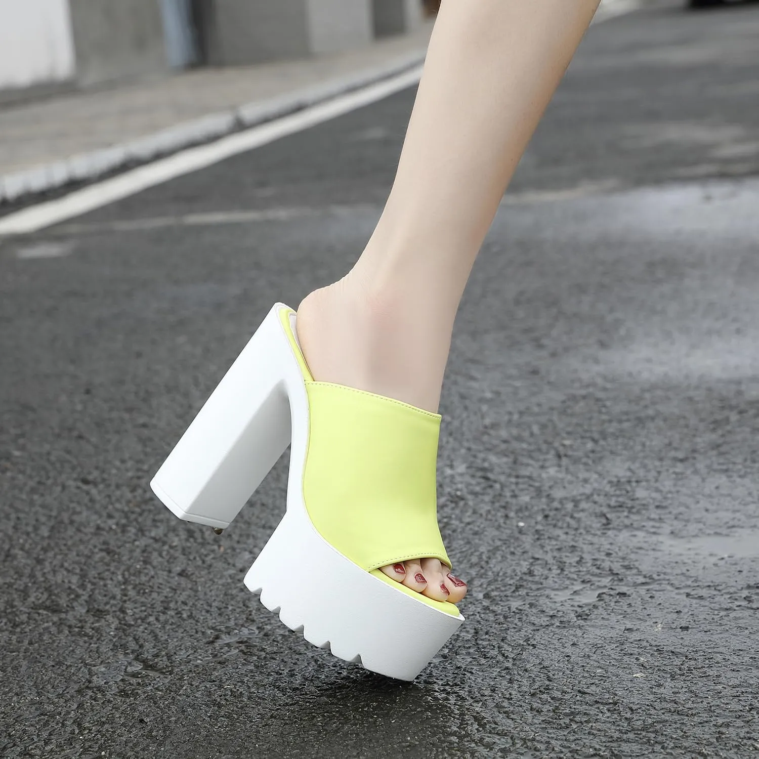 Women's Open Toe High Heel Platform Mules, Block Chunky Heel Slide, Slip on Summer Sandal Slipper
