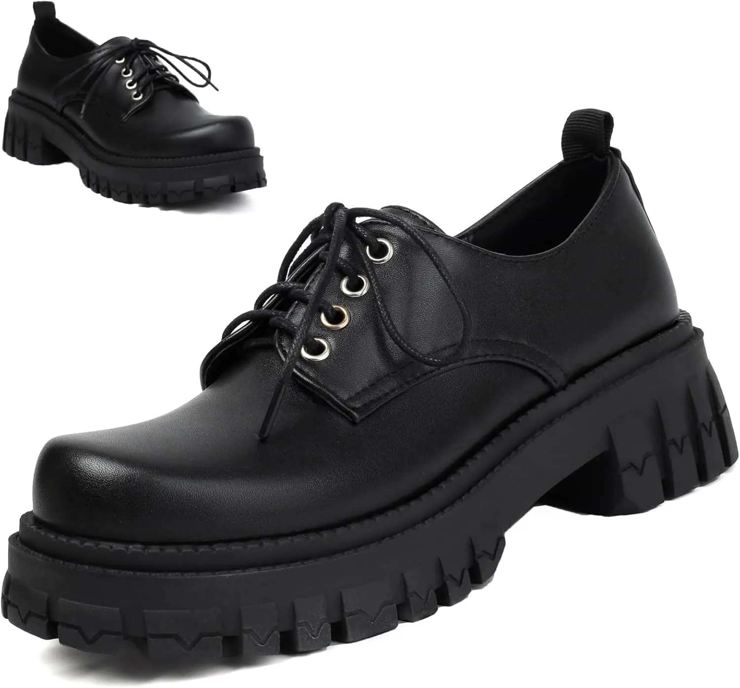 Women's Patent Leather Platform Chunky Loafers Perforated Lace-up Round Toe Wingtip Oxford Shoes Non-Slip Lug Sole Brogue Dress Shoe