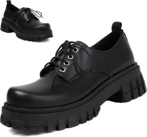 Women's Patent Leather Platform Chunky Loafers Perforated Lace-up Round Toe Wingtip Oxford Shoes Non-Slip Lug Sole Brogue Dress Shoe