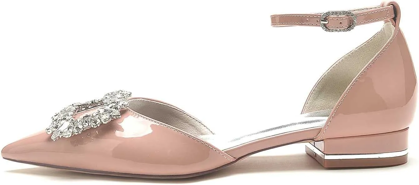 Women's Patent Leather Wedding Flats Pointed Toe Slingback Flats for Bride Rhinestone Bridal Shoes Evening Prom Party Dress Shoes