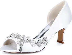Women's Peep Toe Bridal Shoes Rhinestone Slip-on Pumps Sandals Mid Kitten Heel Party Wedding Dress Shoes