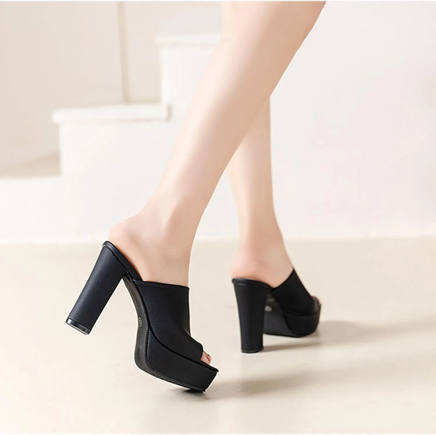 Womens Peep Toe Platform Chunky Heels Mules Fashion Comfy Heeled Sandals Slip On Slides Dress Party Beach Pumps Shoes