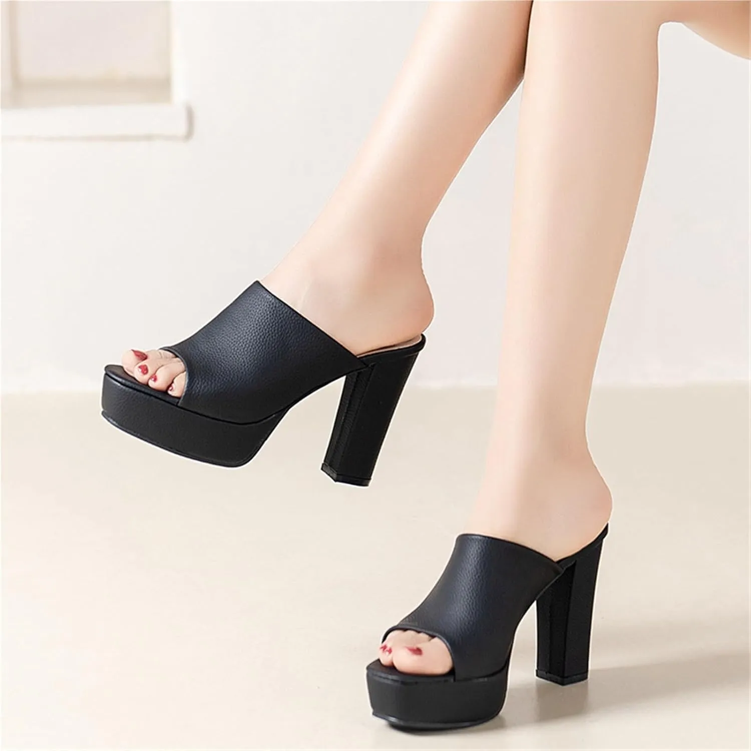 Womens Peep Toe Platform Chunky Heels Mules Fashion Comfy Heeled Sandals Slip On Slides Dress Party Beach Pumps Shoes