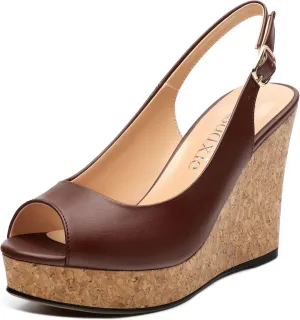 Womens Peep Toe Wedge Heels Matte Fashion Cork Slingback Pumps Platform Wedge Sandals 3.94 Inches