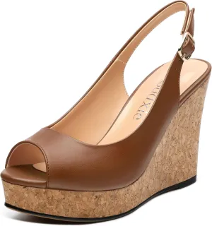 Womens Peep Toe Wedge Heels Matte Fashion Cork Slingback Pumps Platform Wedge Sandals 3.94 Inches