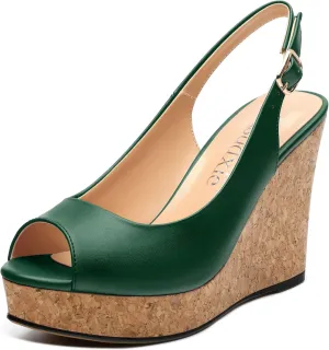 Womens Peep Toe Wedge Heels Matte Fashion Cork Slingback Pumps Platform Wedge Sandals 3.94 Inches
