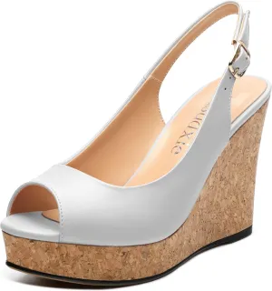 Womens Peep Toe Wedge Heels Matte Fashion Cork Slingback Pumps Platform Wedge Sandals 3.94 Inches