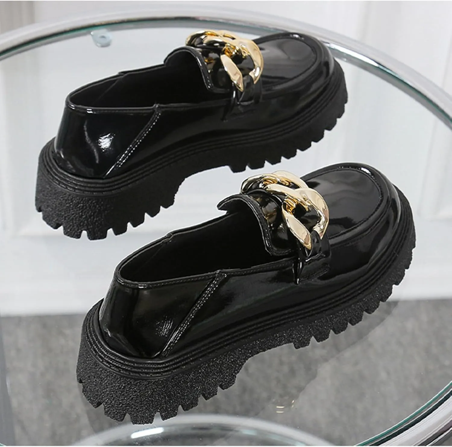 Women's Platform Patent Leather Chunky Heel Loafers Lug Sole Slip On Chain Uniform Dress Shoes Casual Business Office Work Shoes
