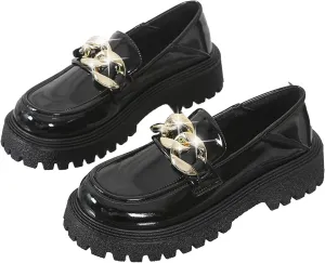 Women's Platform Patent Leather Chunky Heel Loafers Lug Sole Slip On Chain Uniform Dress Shoes Casual Business Office Work Shoes