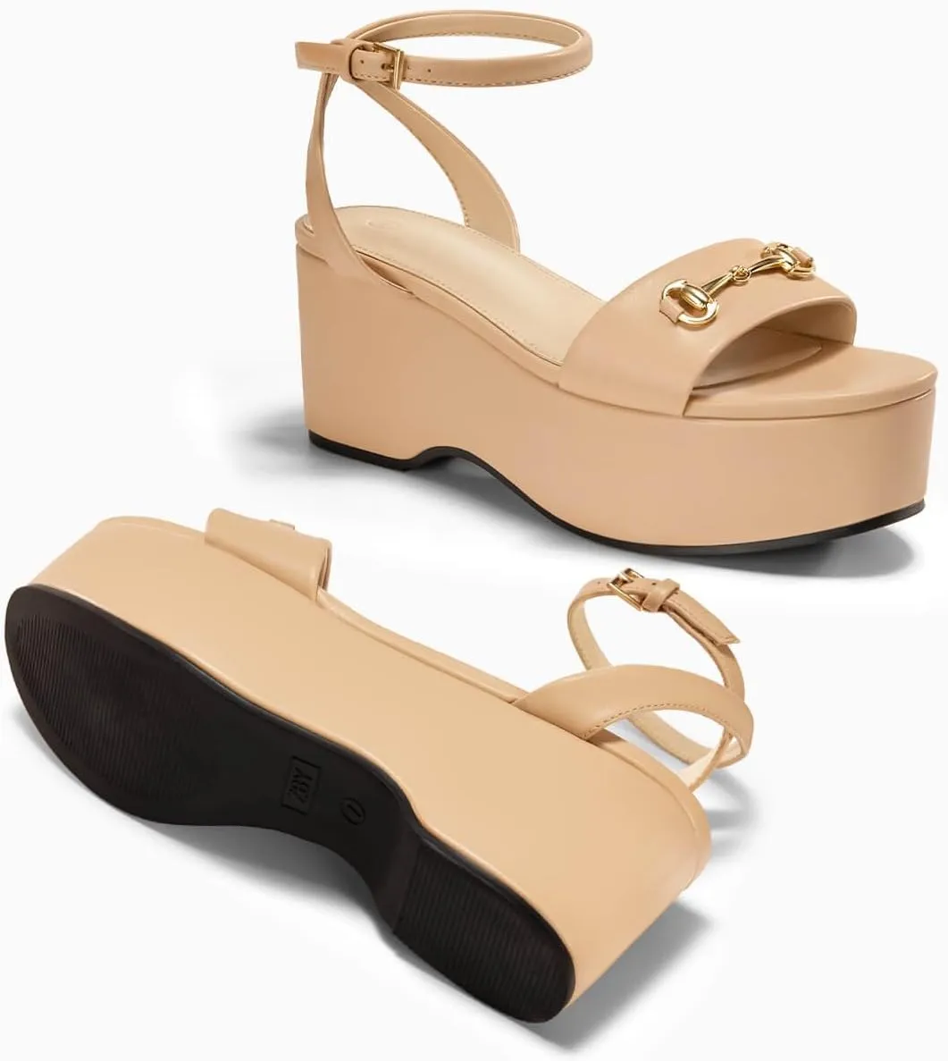 Womens Platform Sandals Chunky Wedges Heels Open Toe Ankle Strap Summer Dress Shoes with Metal Buckle