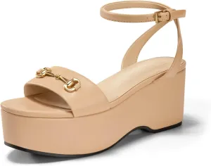 Womens Platform Sandals Chunky Wedges Heels Open Toe Ankle Strap Summer Dress Shoes with Metal Buckle