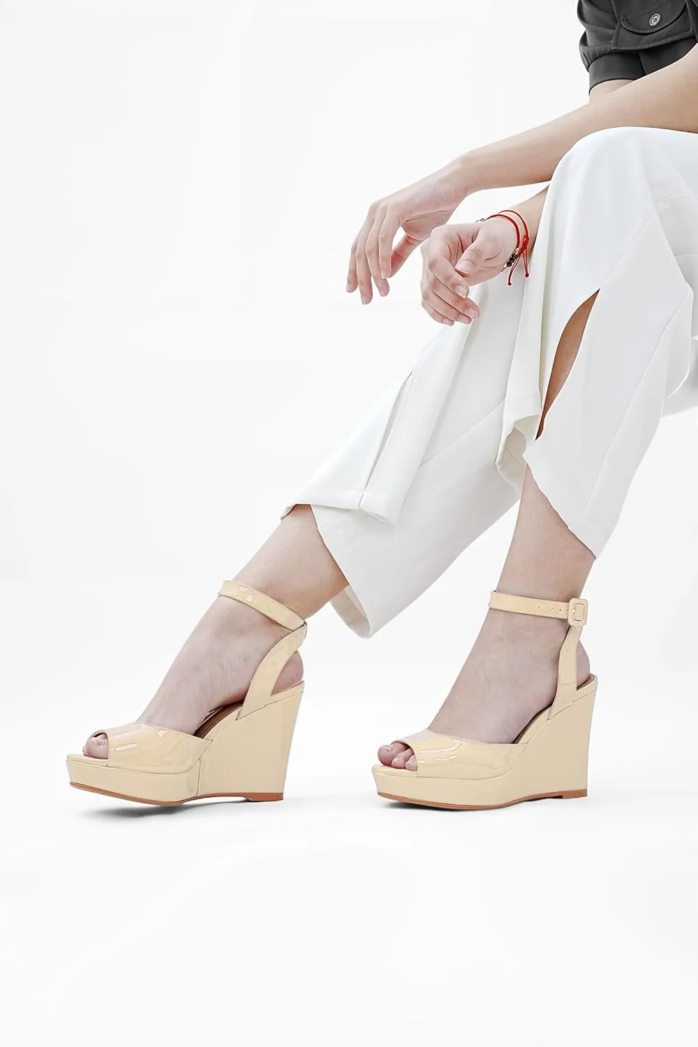 Women's Platform Wedge Sandals Round Peep Open Toe Ankle Strap Buckle Slingback High Heel Dress Shoes Patent Leather Heels