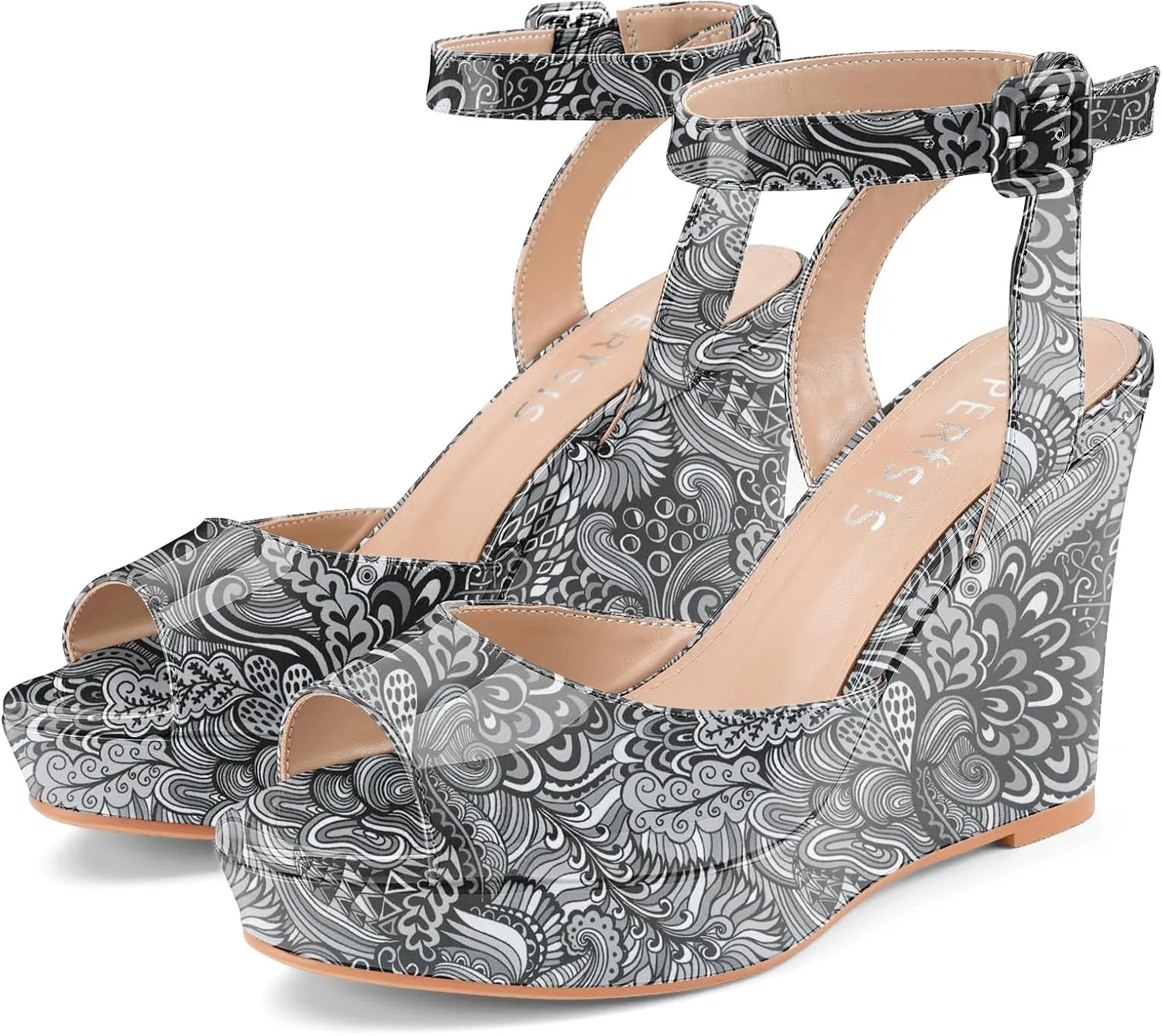 Women's Platform Wedge Sandals Round Peep Open Toe Ankle Strap Buckle Slingback High Heel Dress Shoes Patent Leather Heels