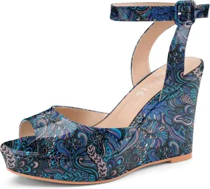 Women's Platform Wedge Sandals Round Peep Open Toe Ankle Strap Buckle Slingback High Heel Dress Shoes Patent Leather Heels