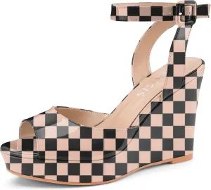 Women's Platform Wedge Sandals Round Peep Open Toe Ankle Strap Buckle Slingback High Heel Dress Shoes Patent Leather Heels