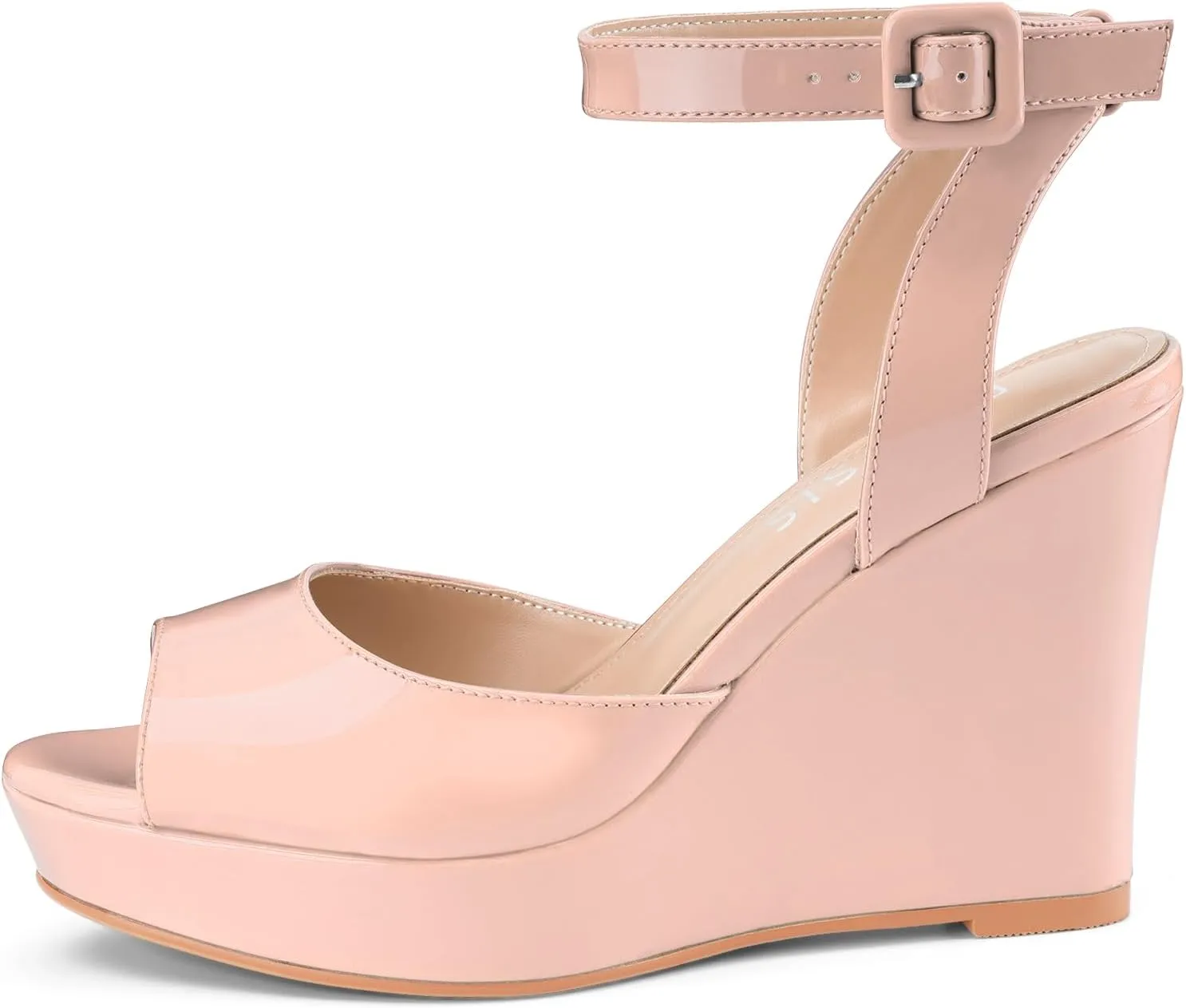 Women's Platform Wedge Sandals Round Peep Open Toe Ankle Strap Buckle Slingback High Heel Dress Shoes Patent Leather Heels