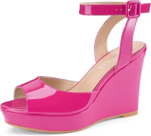 Women's Platform Wedge Sandals Round Peep Open Toe Ankle Strap Buckle Slingback High Heel Dress Shoes Patent Leather Heels