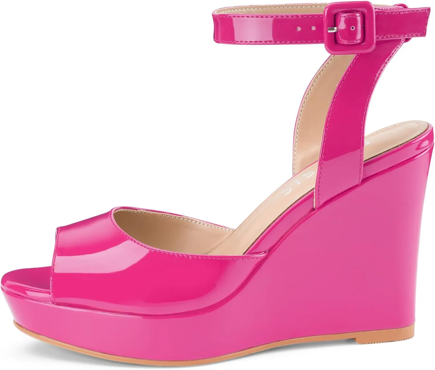 Women's Platform Wedge Sandals Round Peep Open Toe Ankle Strap Buckle Slingback High Heel Dress Shoes Patent Leather Heels