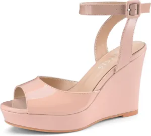 Women's Platform Wedge Sandals Round Peep Open Toe Ankle Strap Buckle Slingback High Heel Dress Shoes Patent Leather Heels