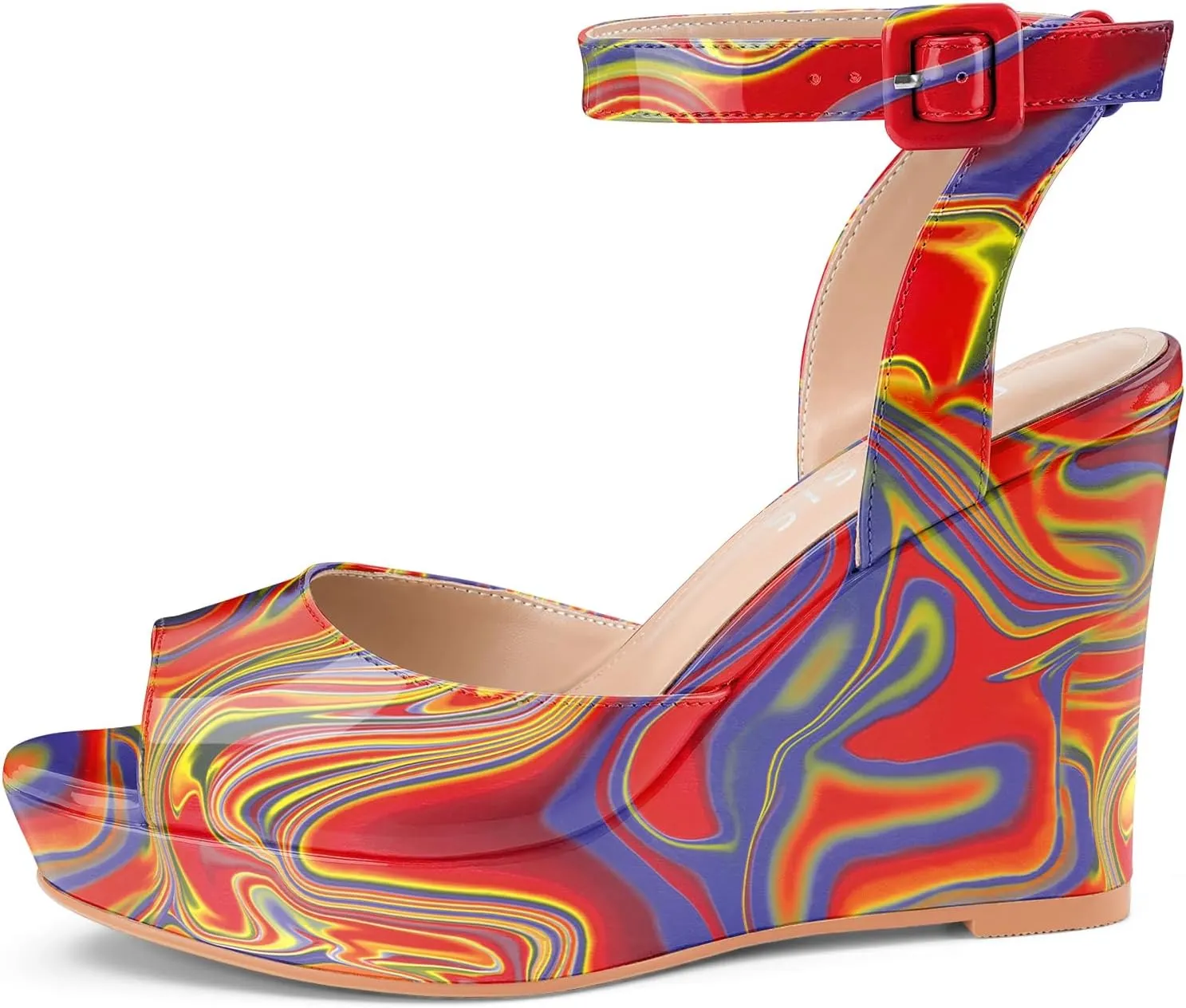 Women's Platform Wedge Sandals Round Peep Open Toe Ankle Strap Buckle Slingback High Heel Dress Shoes Patent Leather Heels