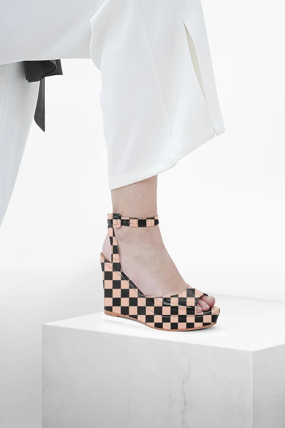 Women's Platform Wedge Sandals Round Peep Open Toe Ankle Strap Buckle Slingback High Heel Dress Shoes Patent Leather Heels