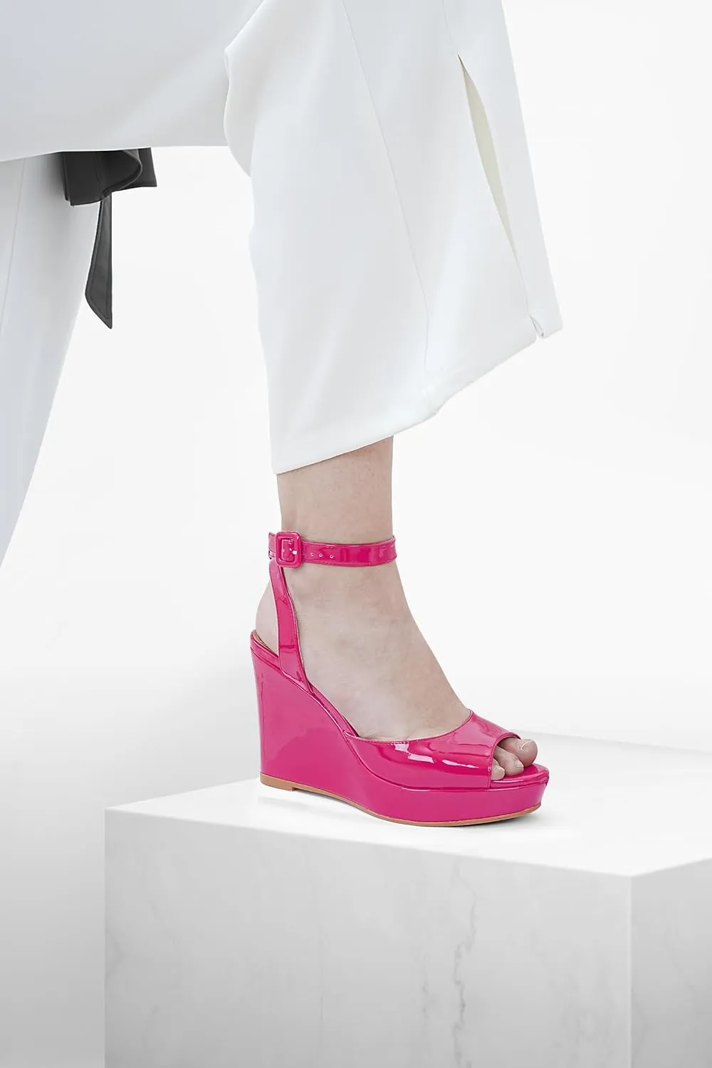 Women's Platform Wedge Sandals Round Peep Open Toe Ankle Strap Buckle Slingback High Heel Dress Shoes Patent Leather Heels