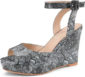 Women's Platform Wedge Sandals Round Peep Open Toe Ankle Strap Buckle Slingback High Heel Dress Shoes Patent Leather Heels
