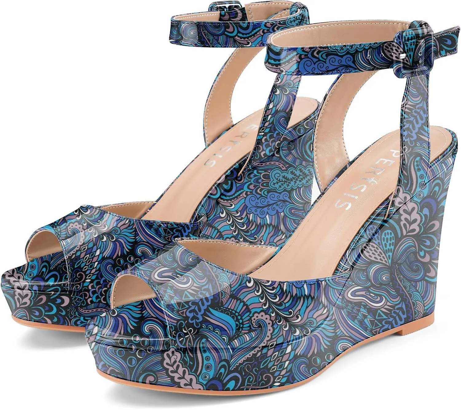 Women's Platform Wedge Sandals Round Peep Open Toe Ankle Strap Buckle Slingback High Heel Dress Shoes Patent Leather Heels