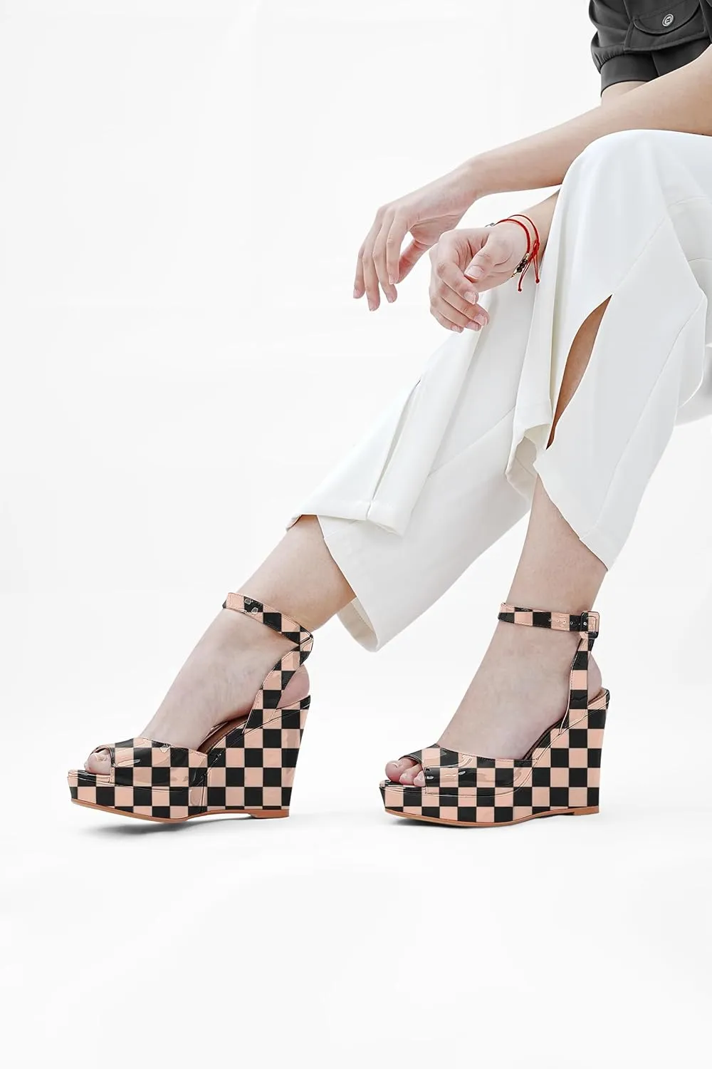 Women's Platform Wedge Sandals Round Peep Open Toe Ankle Strap Buckle Slingback High Heel Dress Shoes Patent Leather Heels